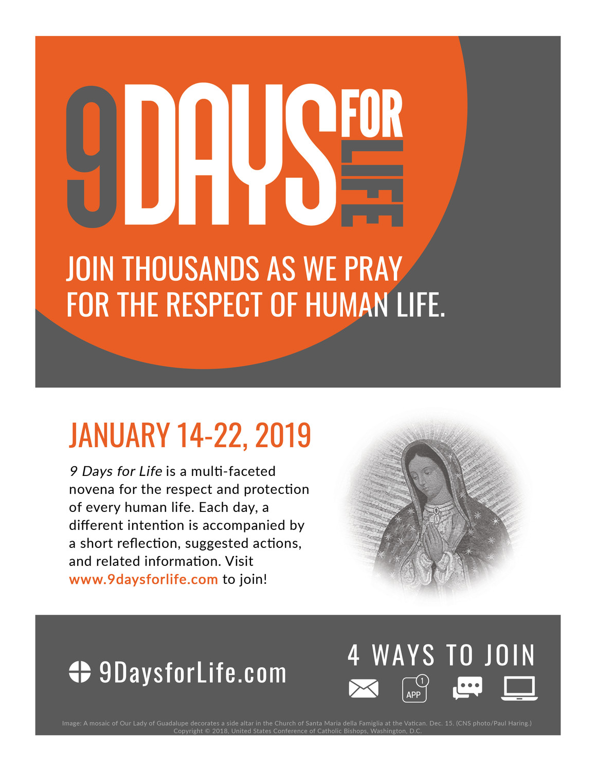 The U.S. Conference of Catholics Bishops announced Dec. 18 the annual “9 Days for Life” prayer and action campaign will run Jan. 14 to Jan. 22. Pictured is promotional material for the campaign.